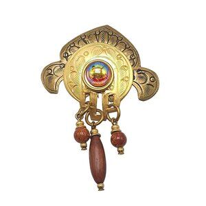 Vintage Gold Tone Brooch Pin Etched Design Dangling Bead Multicolor Glass Accent